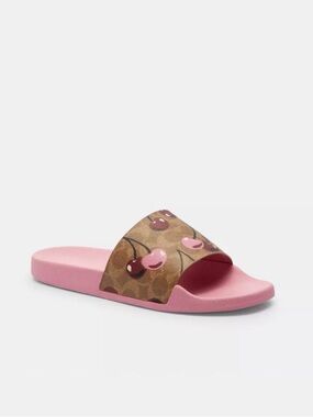 Coach Udele Sport Slide in Signature Canvas w/ Cherry Print, Tan/Pink